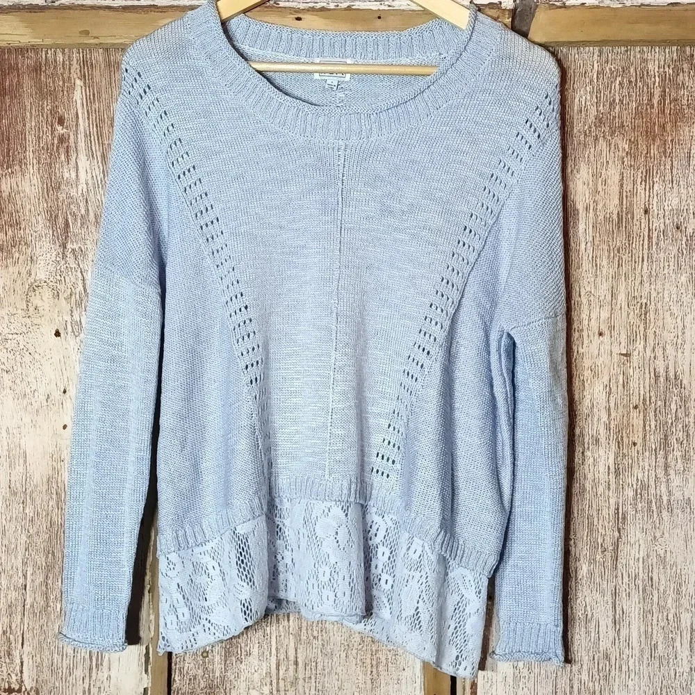 Keren Hart knit crochet lace lightweight sweater drop shoulder blue small